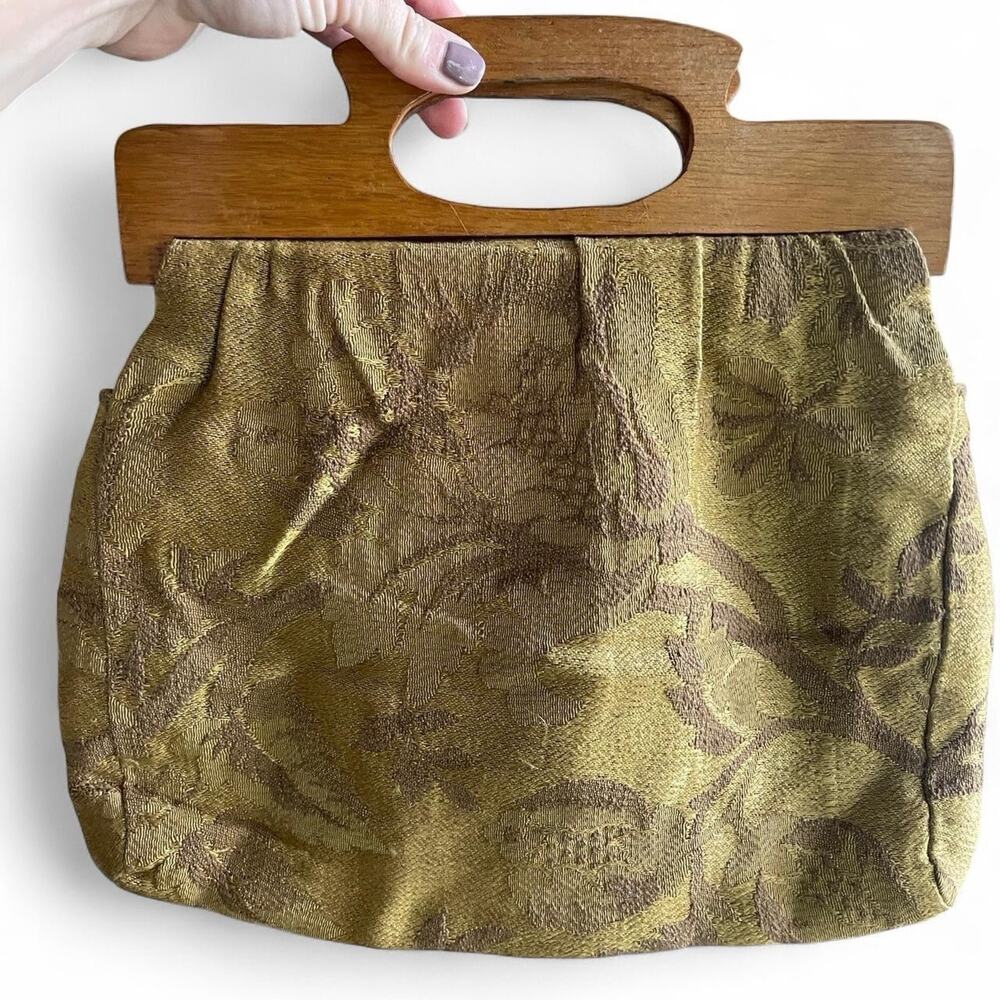 Vintage 1970s Floral Cloth Purse With Wooden Handles Harvest Gold